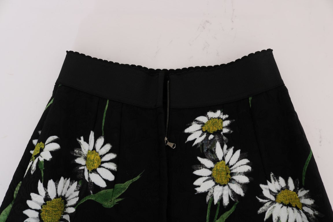 Dolce & Gabbana – Schwarzer, verzierter Brokatrock mit Gänseblümchenmuster
