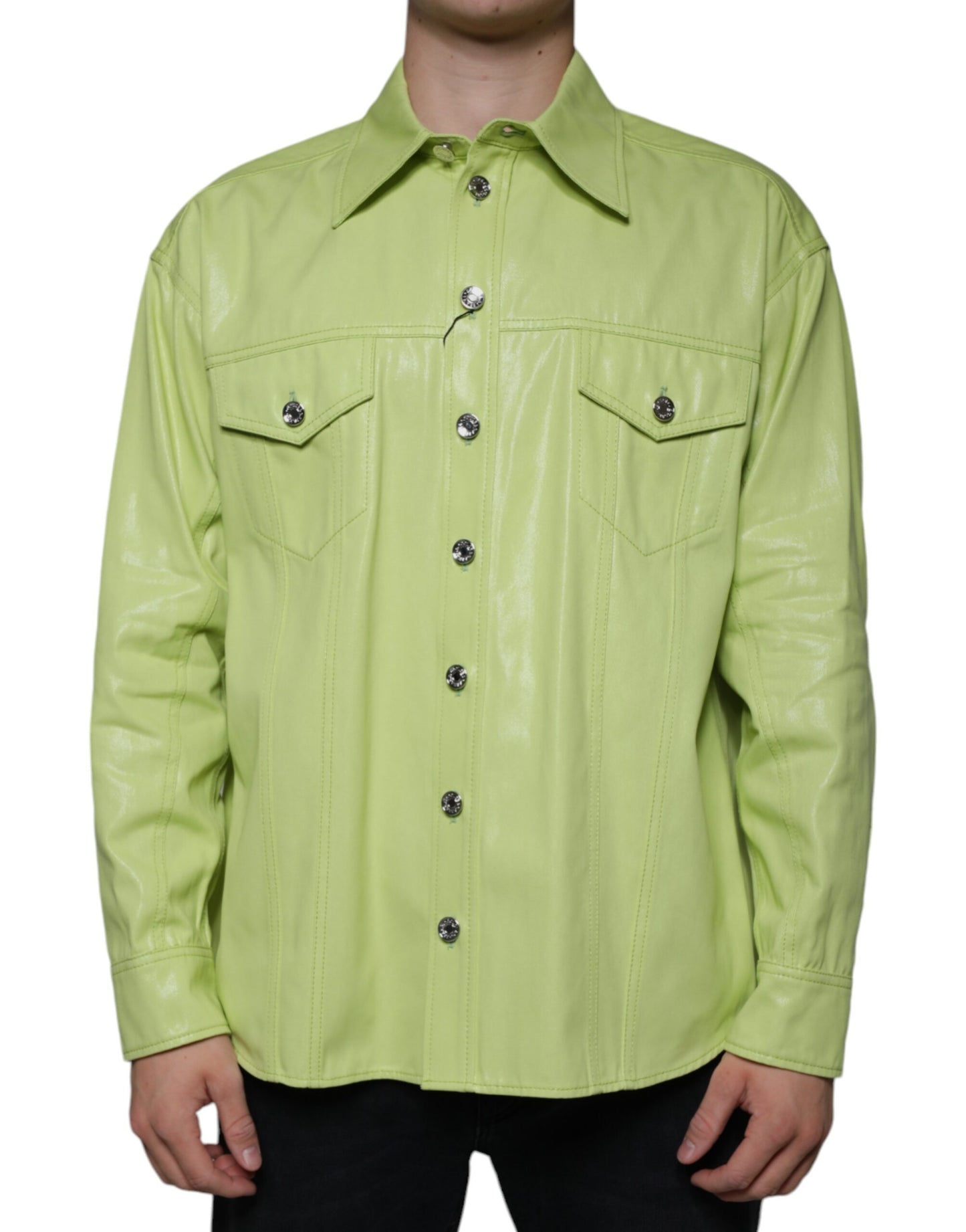 Dolce & Gabbana Grünes Herren-Button-Down-Hemd aus Baumwolle mit Kragen