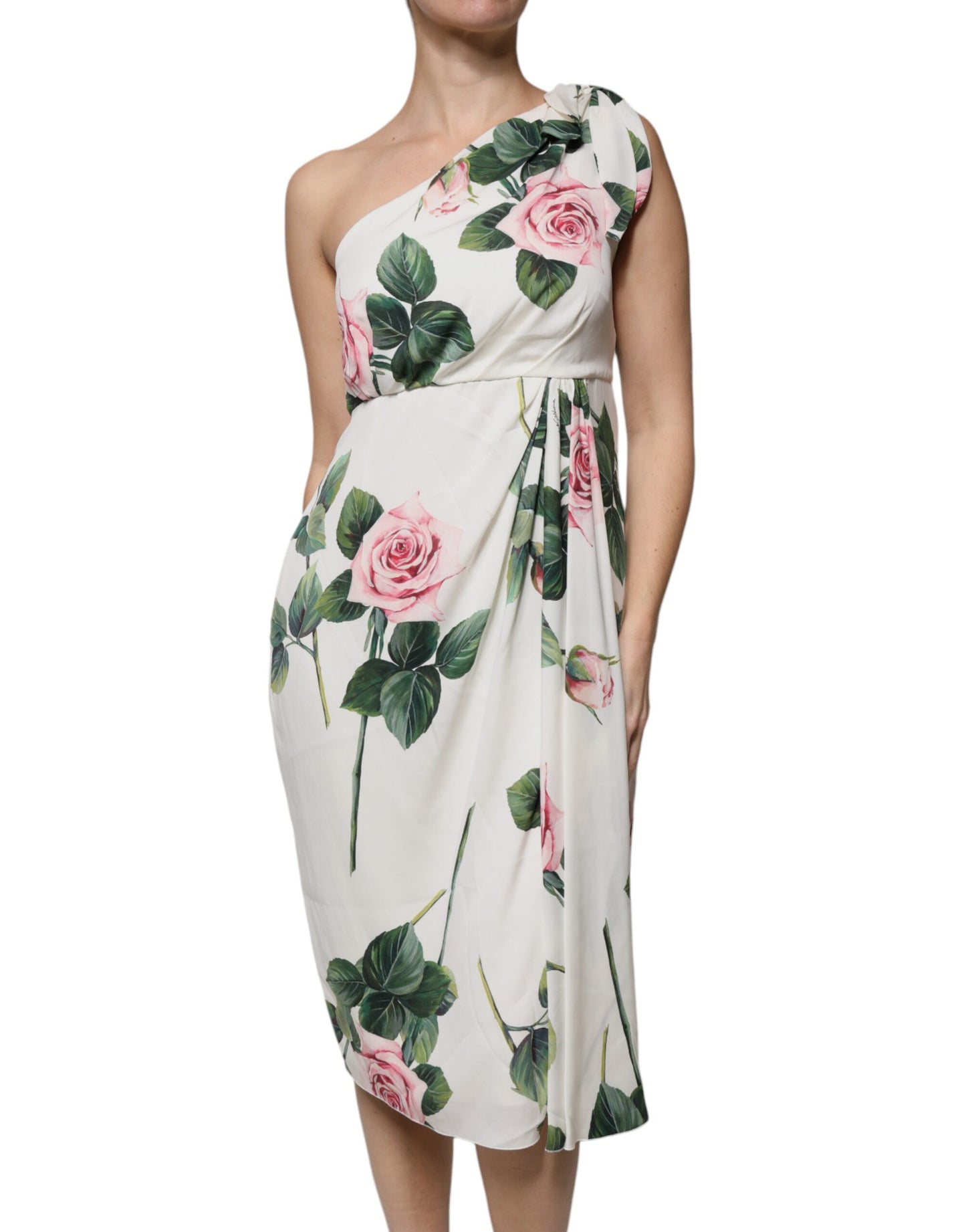 Dolce & Gabbana – Weißes One-Shoulder-Midikleid aus Seide mit Blumenmuster