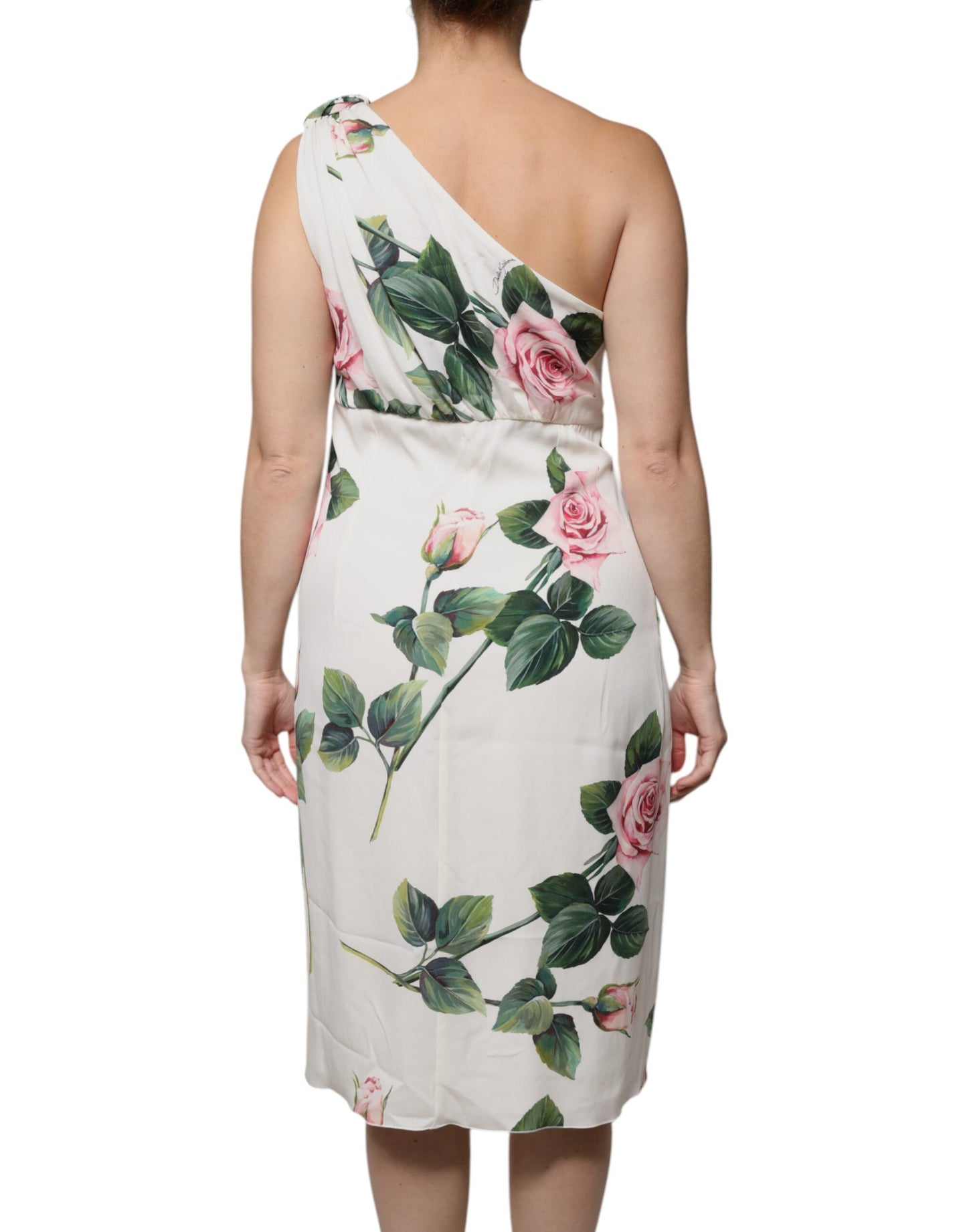Dolce & Gabbana – Weißes One-Shoulder-Midikleid aus Seide mit Blumenmuster