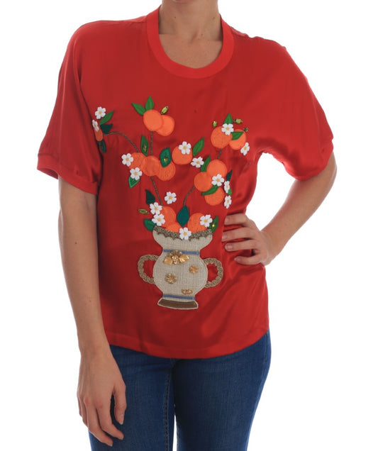 Dolce & Gabbana Rote Seidenbluse mit orangefarbenem Blumenmuster und Kristallen