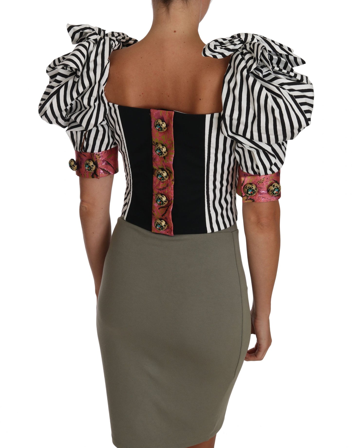 Dolce & Gabbana – Weißes, schwarz gestreiftes Crop-Top mit Puffärmeln