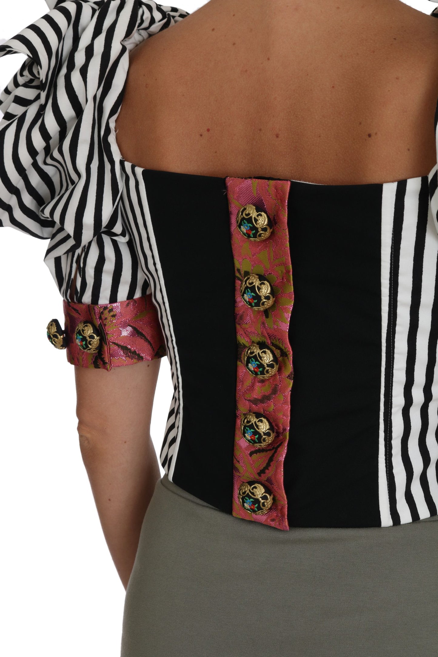 Dolce & Gabbana – Weißes, schwarz gestreiftes Crop-Top mit Puffärmeln