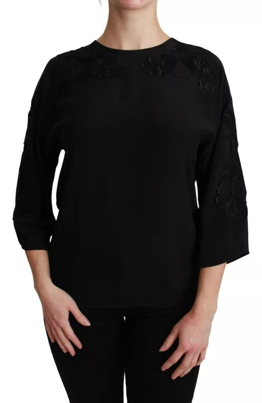 Dolce & Gabbana – Schwarze Bluse mit Blumenstickerei, Seidentop