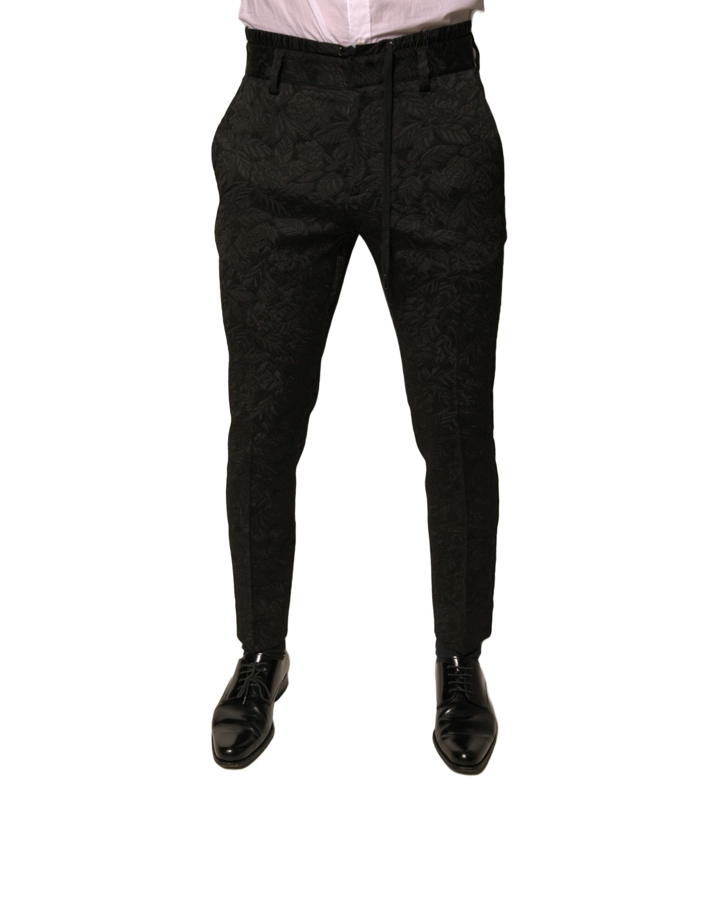 Dolce & Gabbana Schwarze, schmale Anzughose aus Polyester mit Brokatmuster für Herren