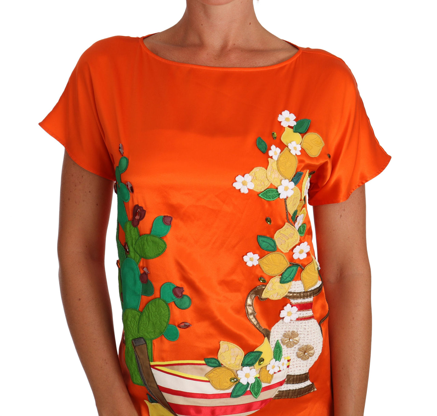 Dolce & Gabbana Seiden-T-Shirt mit orange-zitronenfarbenem Kristall