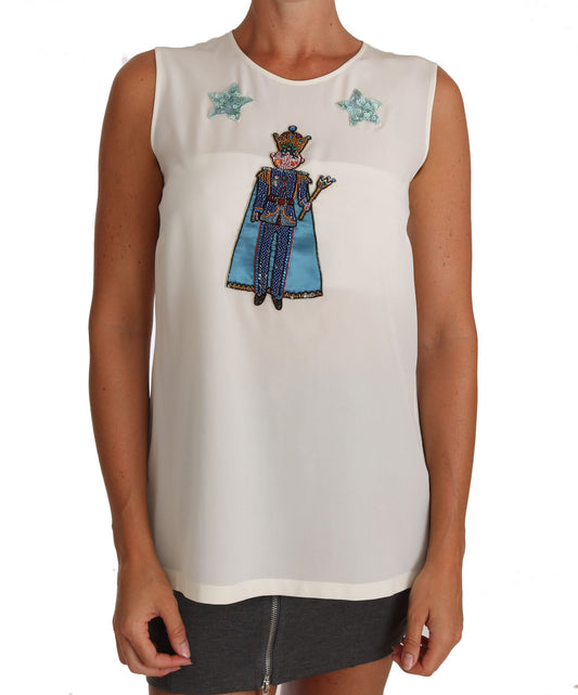 Dolce & Gabbana Weißes Seiden-T-Shirt mit Kristall-Pailletten