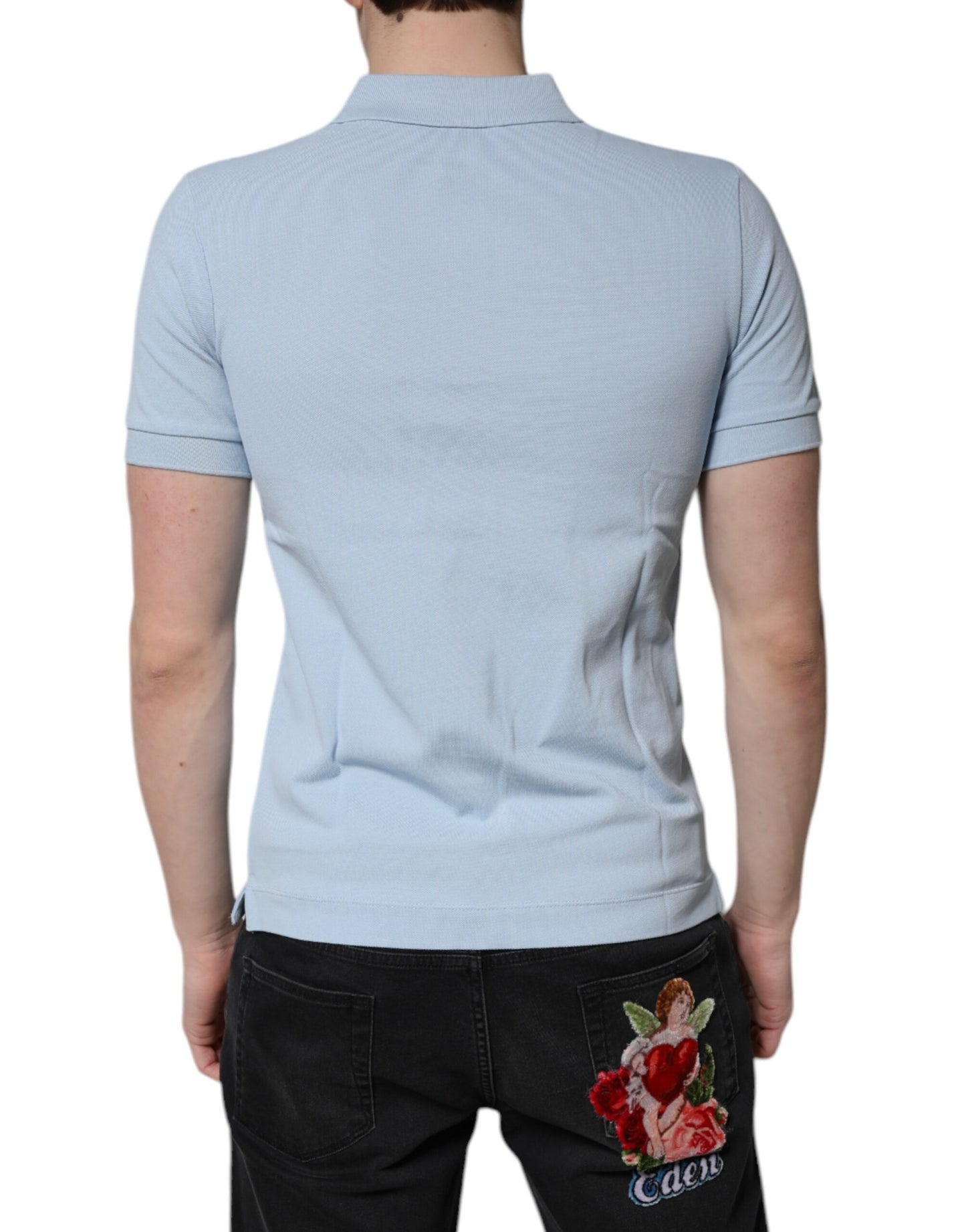 Dolce & Gabbana – Himmelblaues Polo-T-Shirt aus Baumwolle mit Kronenkragen