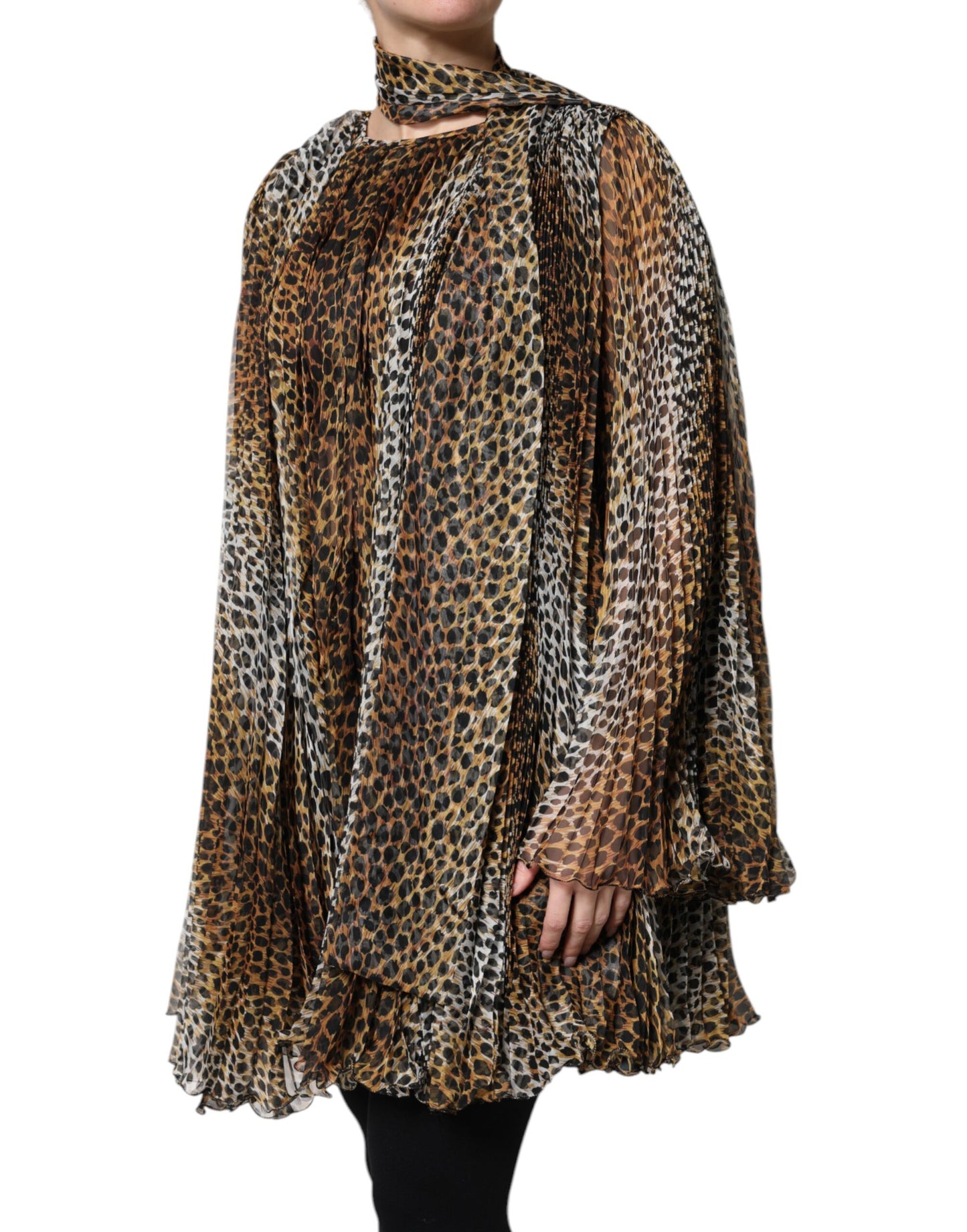 Dolce & Gabbana Brown Leopard Print Scarf Collared Chiffon Dress