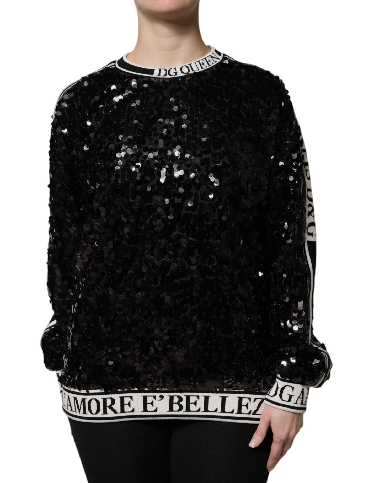 Dolce & Gabbana – Schwarzer Pullover mit Pailletten „DG Queen“