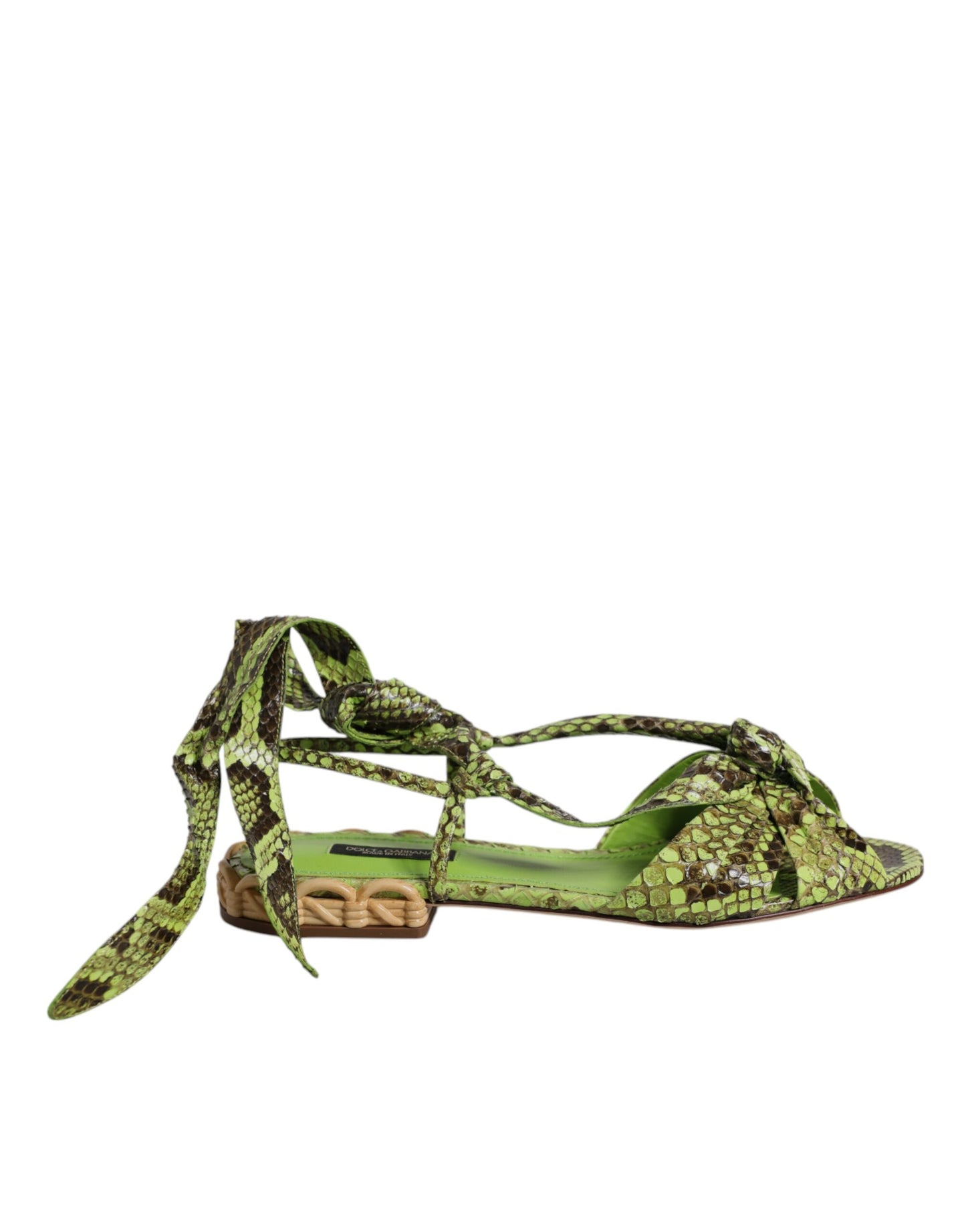 Dolce & Gabbana Grüne Sandalen mit Knöchelwickel und Tiermuster