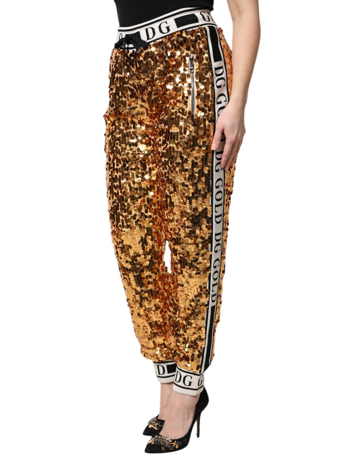 Dolce & Gabbana – Jogginghose mit Pailletten und DG-Logo in Metallic-Gold