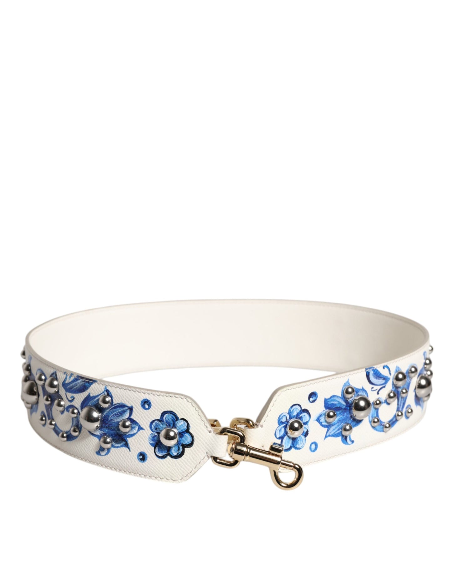 Dolce & Gabbana Schulterriemen aus Leder mit Blumenmuster und Nieten in Weiß und Blau