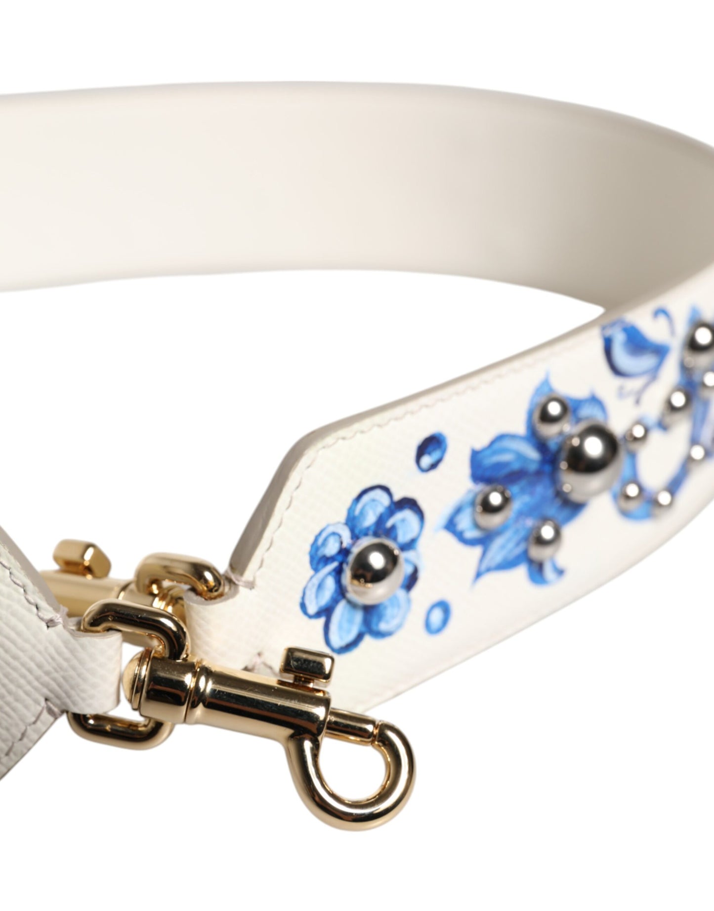 Dolce & Gabbana Schulterriemen aus Leder mit Blumenmuster und Nieten in Weiß und Blau