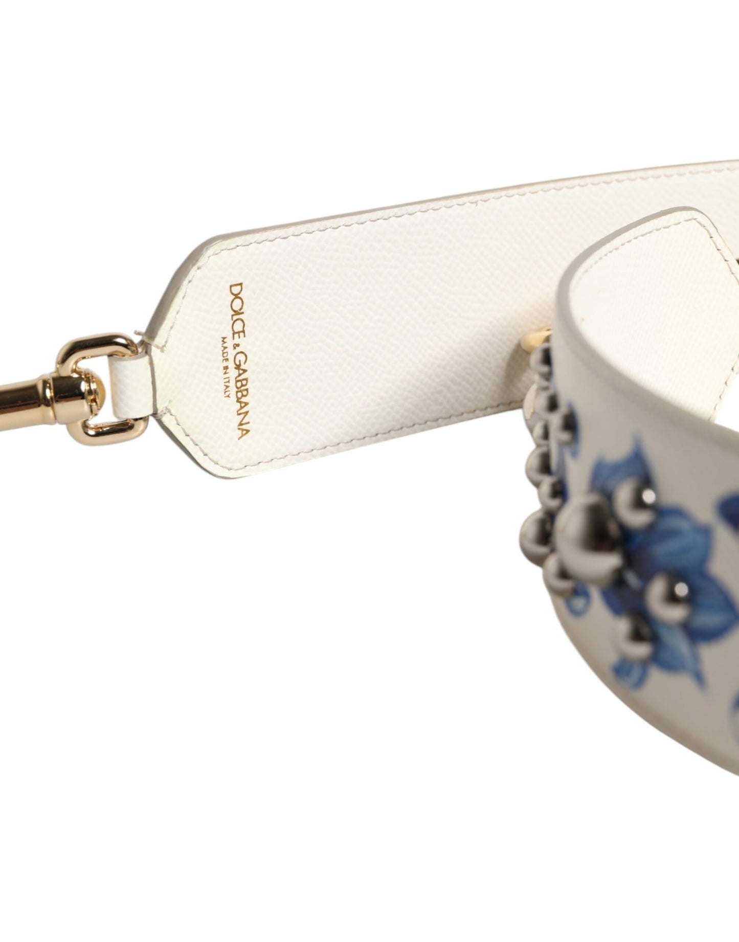 Dolce & Gabbana Schulterriemen aus Leder mit Blumenmuster und Nieten in Weiß und Blau