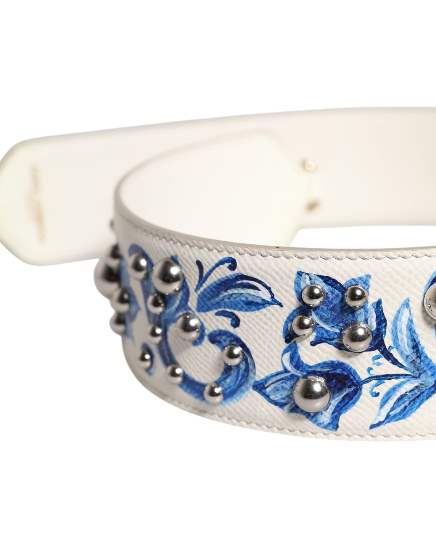 Dolce & Gabbana Schulterriemen aus Leder mit Blumenmuster und Nieten in Weiß und Blau