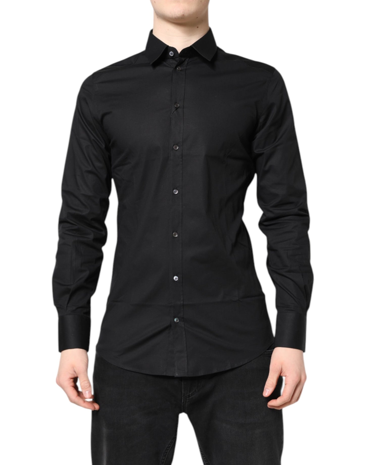 Dolce & Gabbana – Schwarzes, goldenes Langarmhemd aus Baumwolle