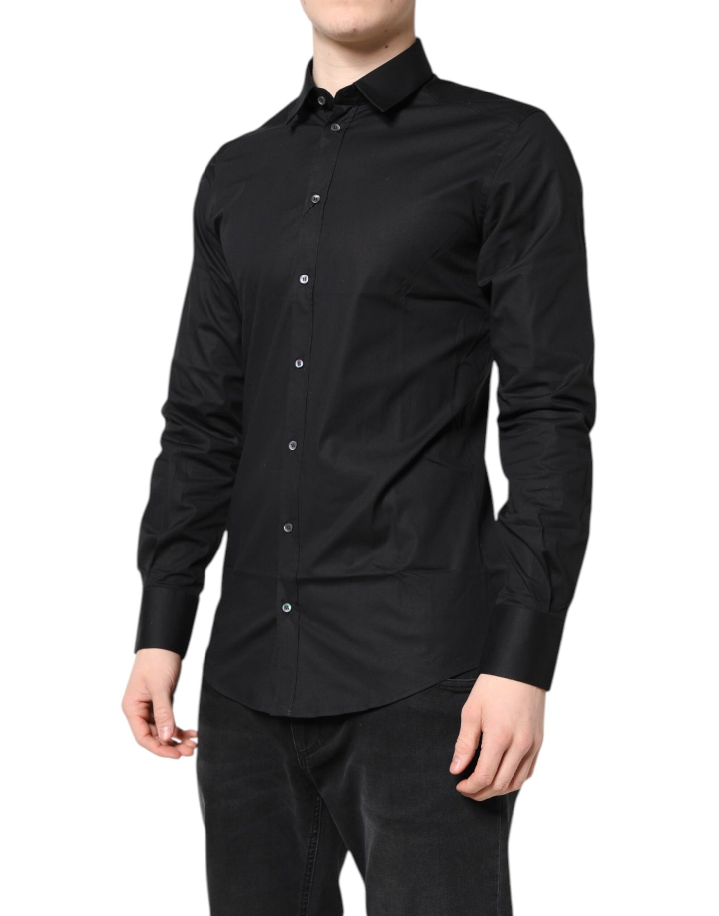 Dolce & Gabbana – Schwarzes, goldenes Langarmhemd aus Baumwolle