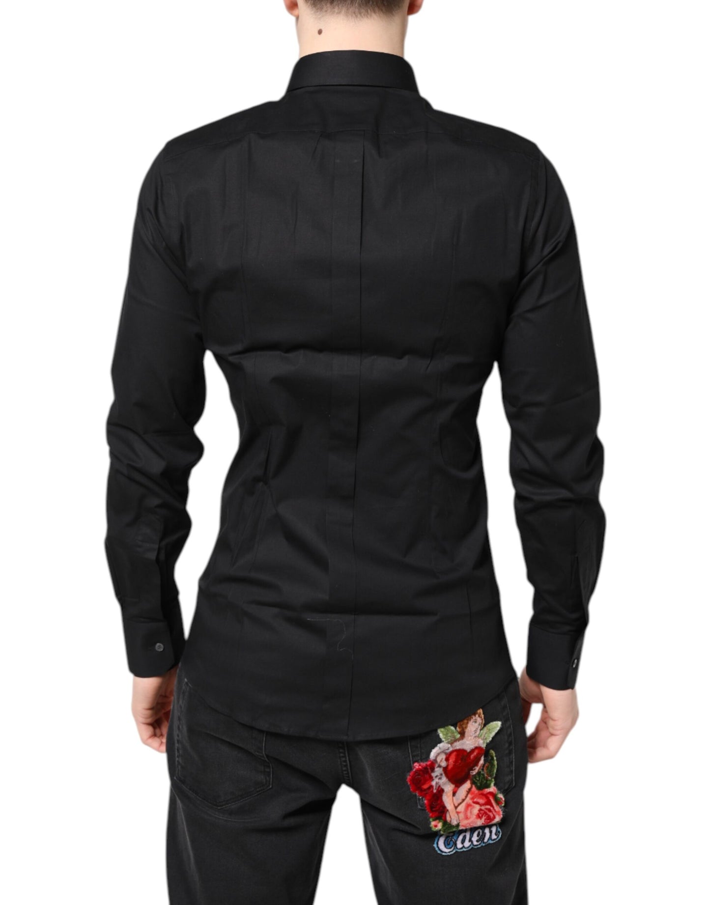 Dolce & Gabbana – Schwarzes, goldenes Langarmhemd aus Baumwolle