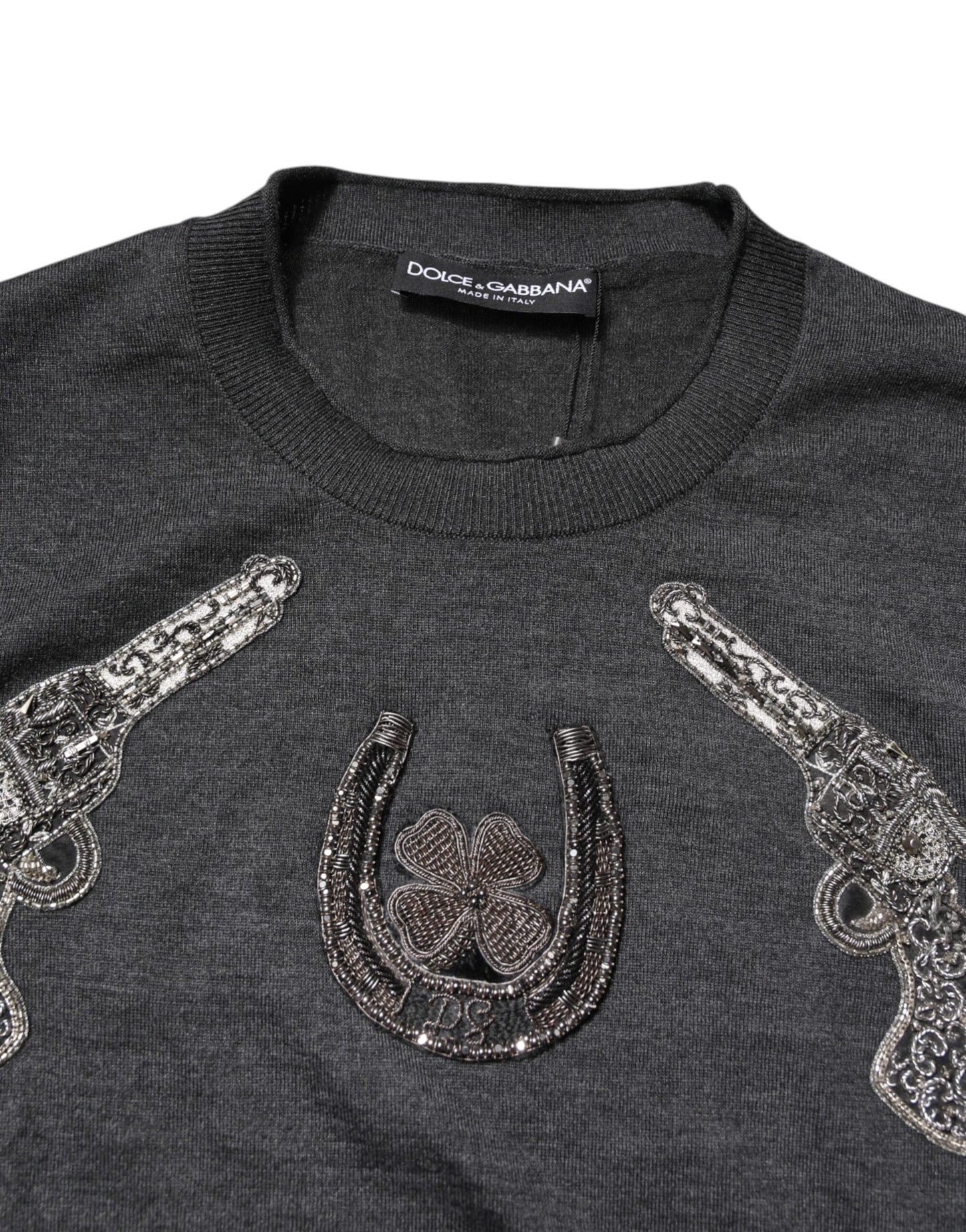 Dolce & Gabbana Grauer Strickpullover mit Stickerei für Herren
