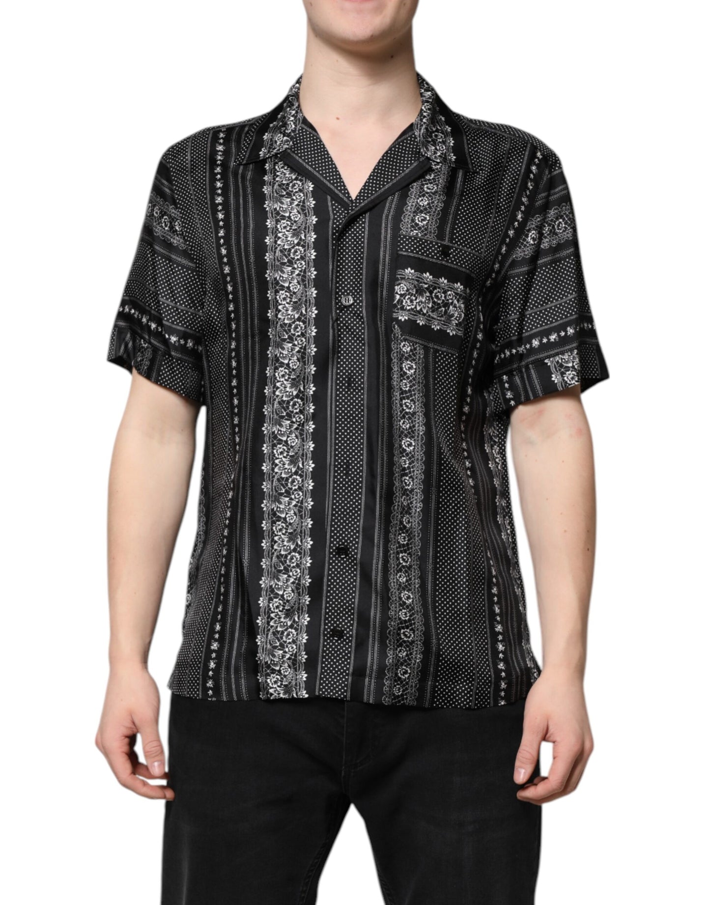 Dolce & Gabbana – Schwarzes Seidenhemd mit Blumendruck und kurzen Ärmeln