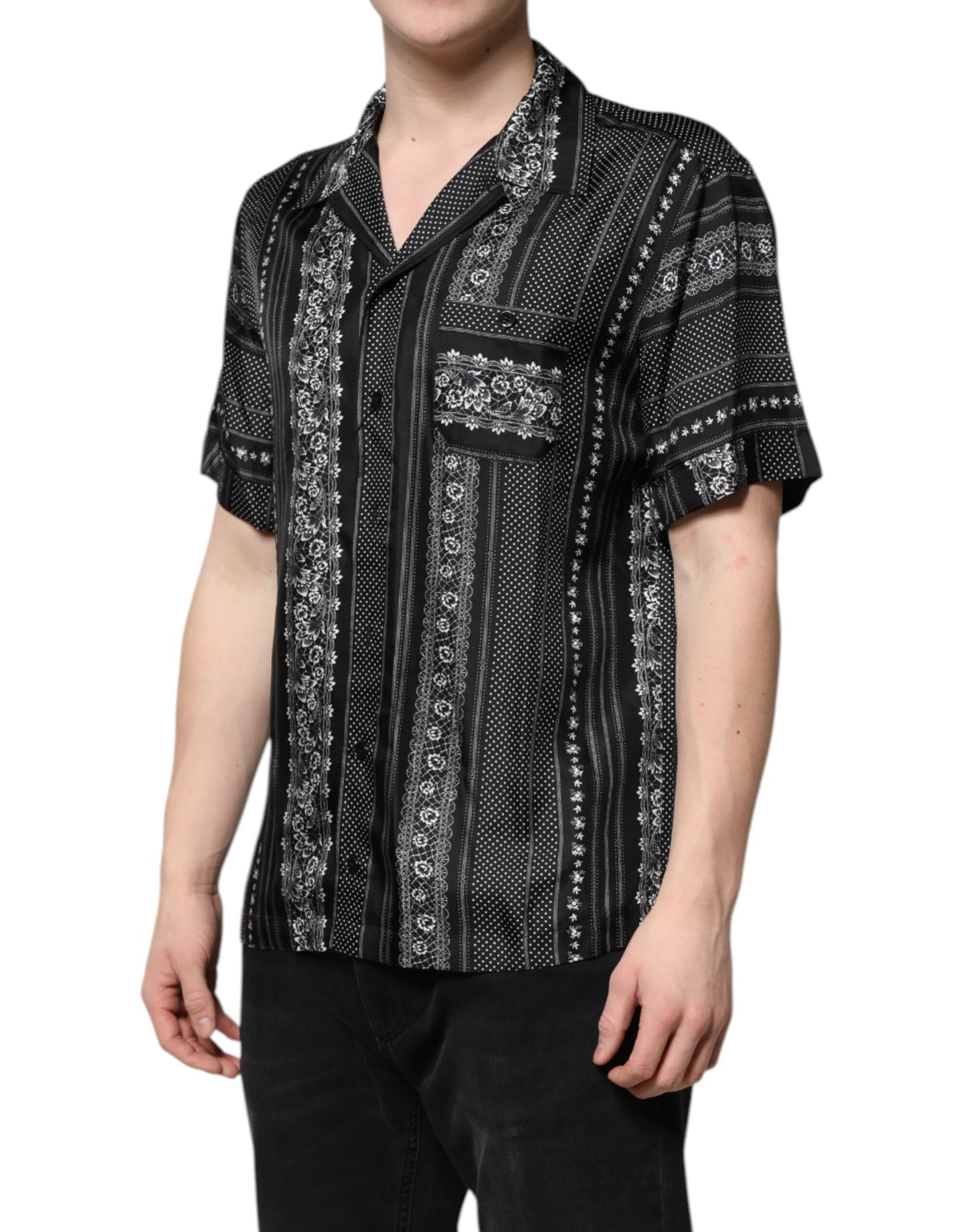 Dolce & Gabbana – Schwarzes Seidenhemd mit Blumendruck und kurzen Ärmeln