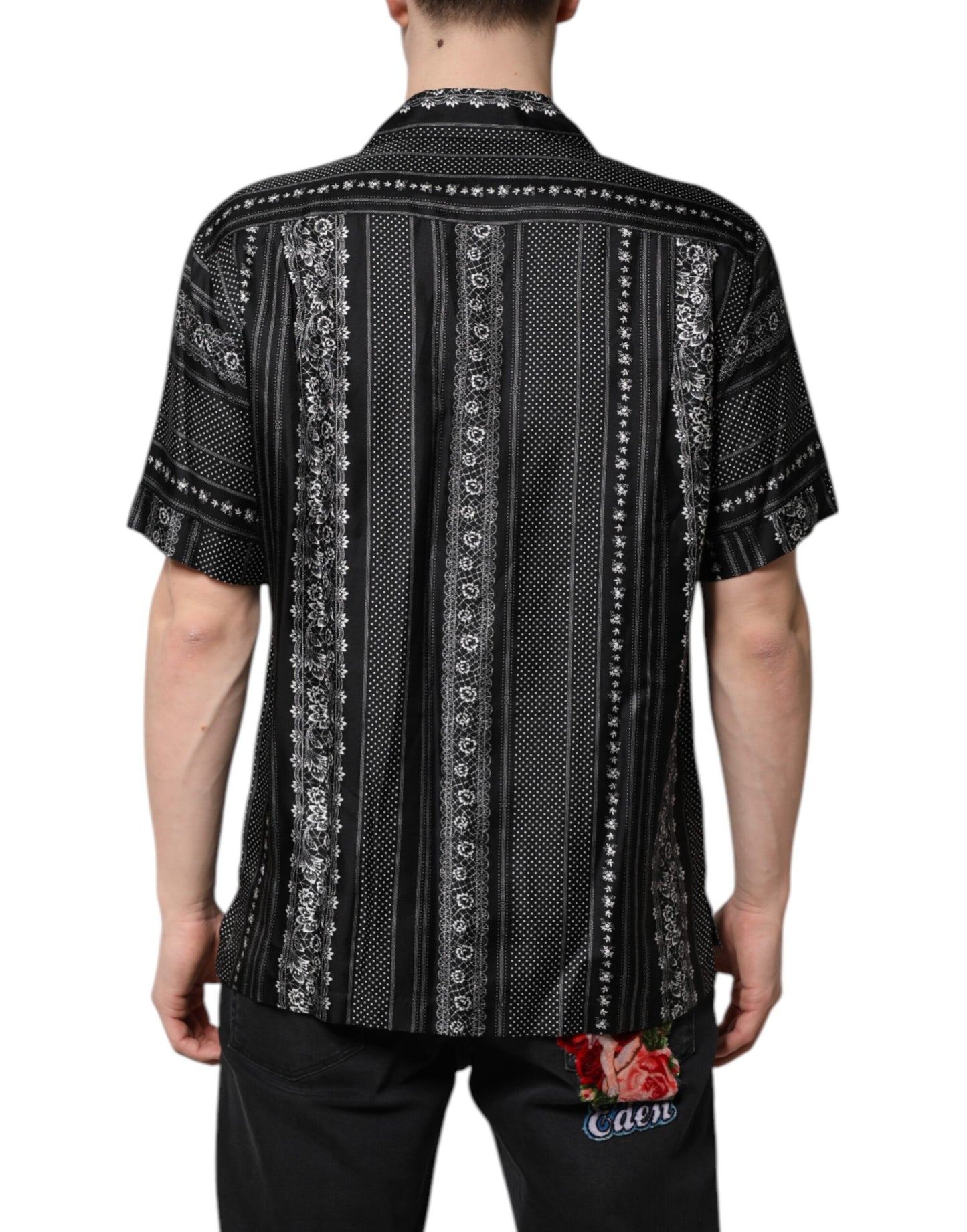 Dolce & Gabbana – Schwarzes Seidenhemd mit Blumendruck und kurzen Ärmeln