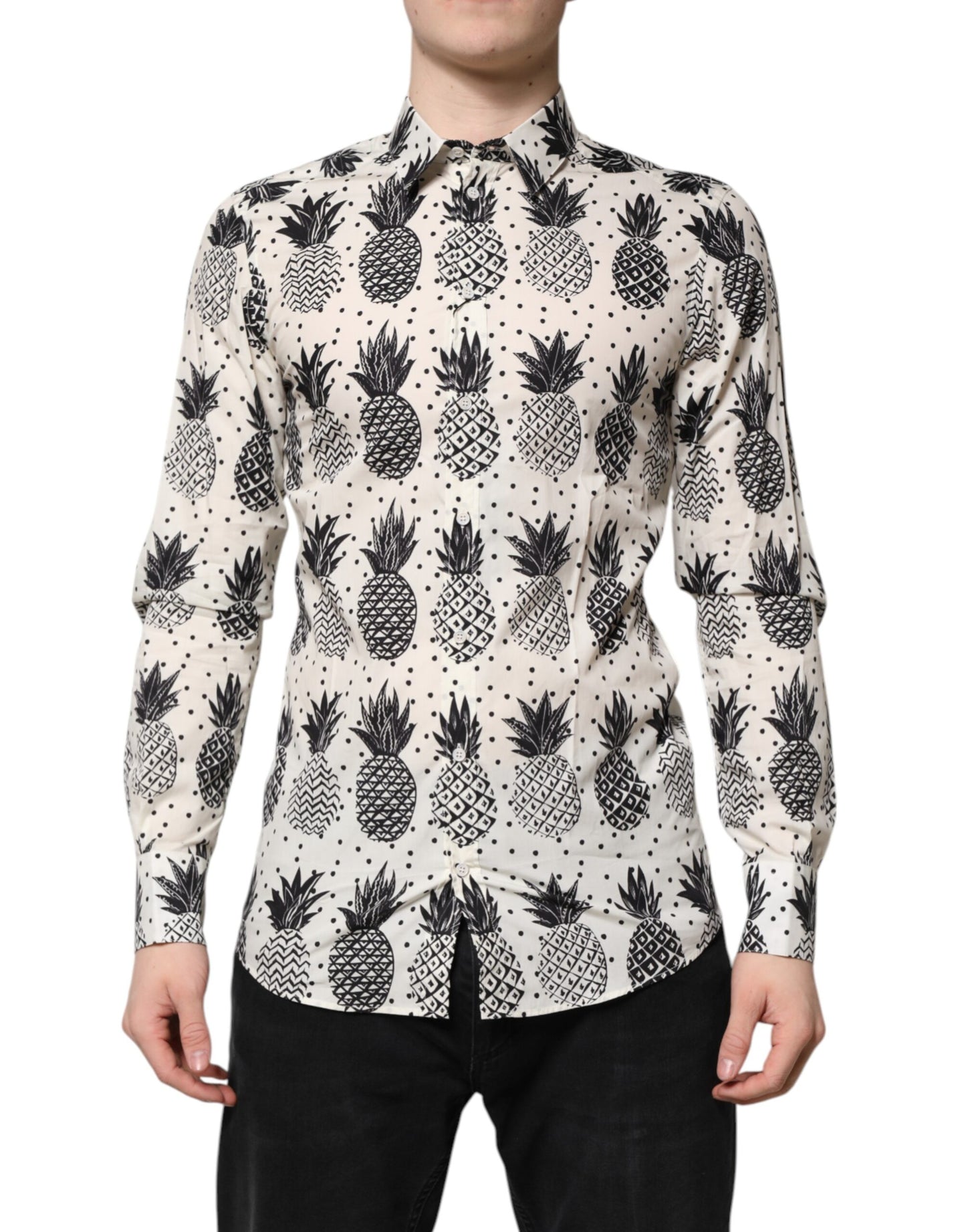 Dolce & Gabbana – Weißes, langärmliges GOLD-Hemd mit Ananas-Print
