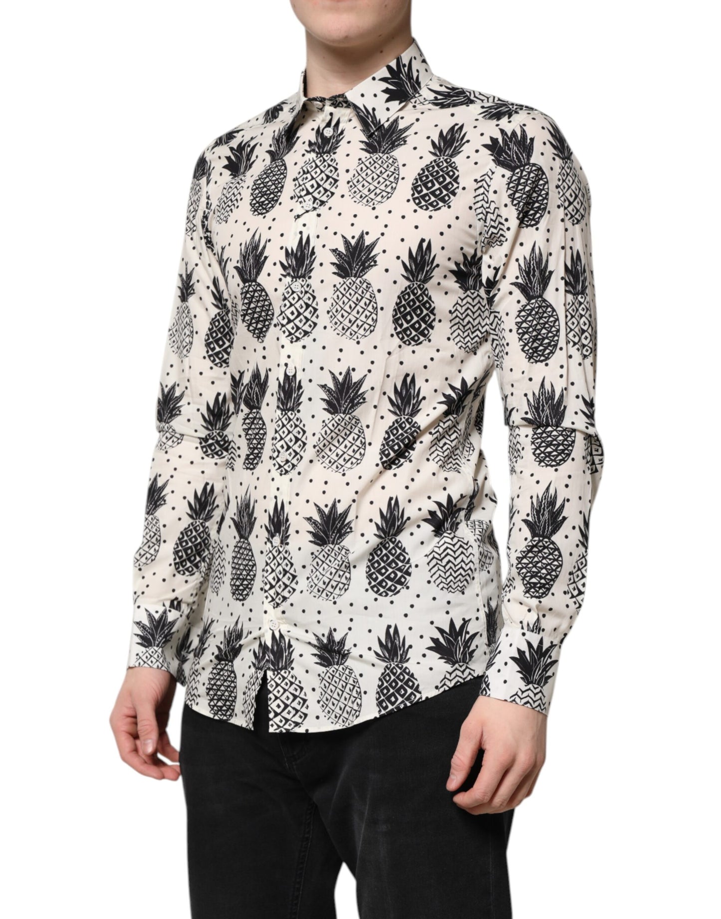 Dolce & Gabbana – Weißes, langärmliges GOLD-Hemd mit Ananas-Print