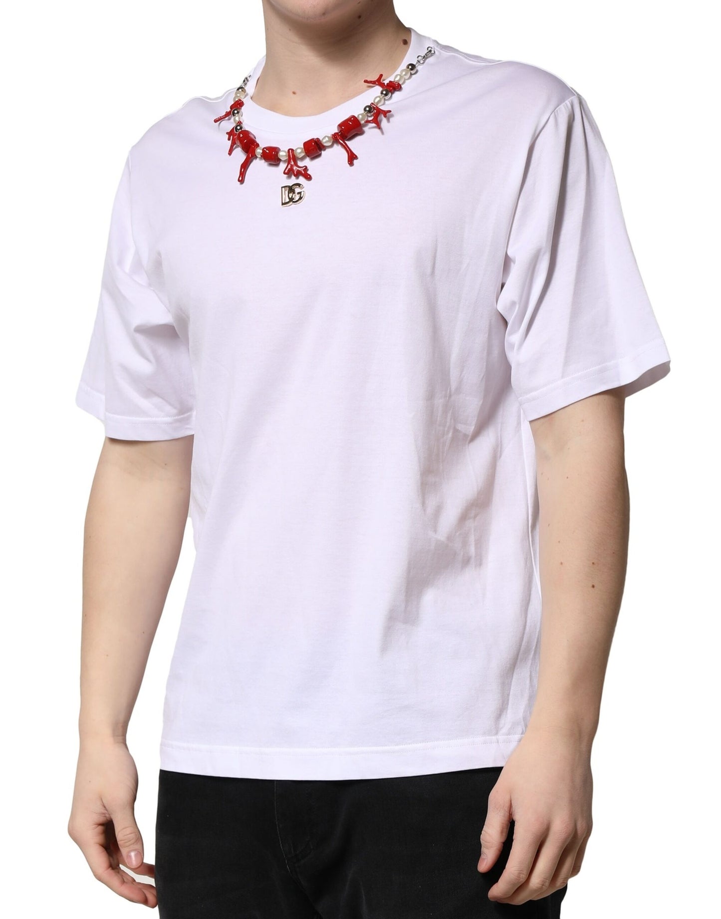 Dolce & Gabbana – Weißes, verziertes Baumwoll-T-Shirt mit Rundhalsausschnitt