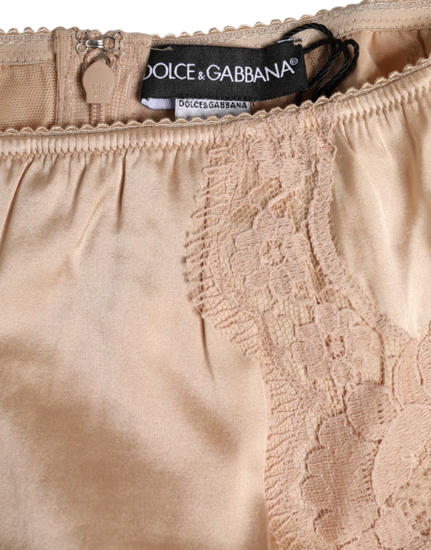 Dolce & Gabbana – Beigefarbene Bikini-Höschen-Unterwäsche aus Seidenspitze mit hoher Taille