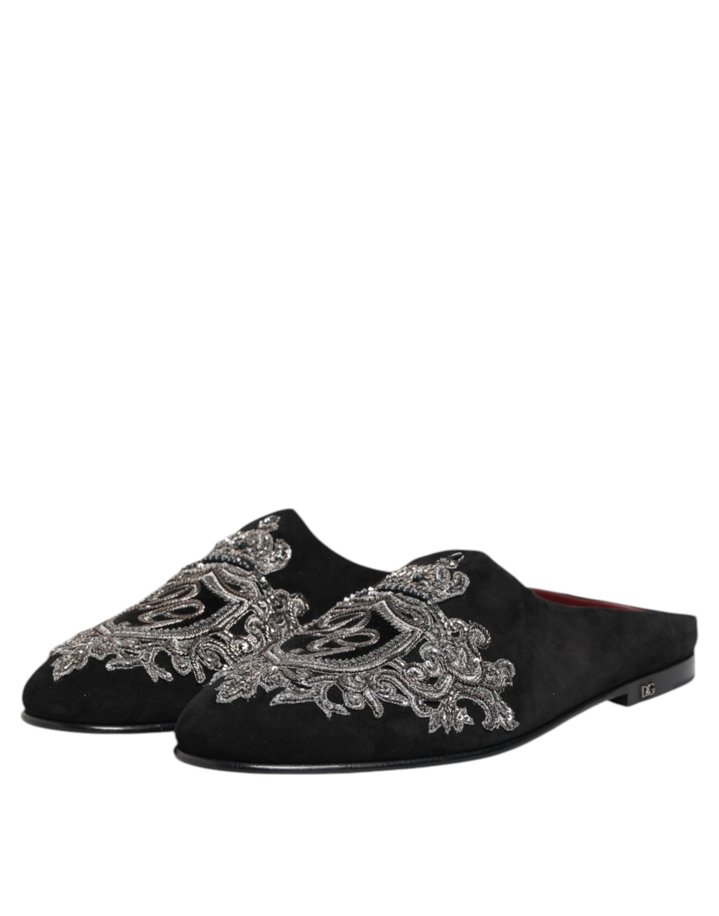 Dolce & Gabbana Black Velvet Slides DG Crown Slipper Shoes