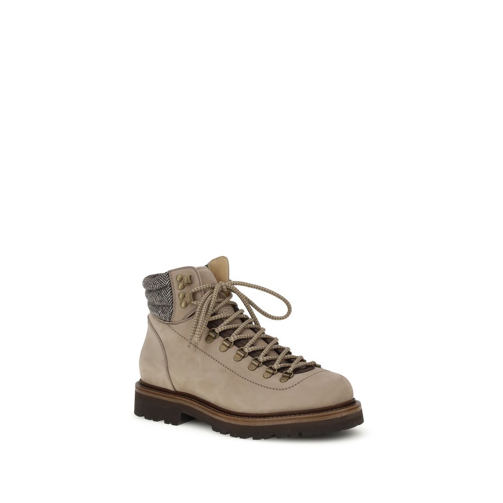 Brunello Cucinelli Beige Calf Leather Bos Taurus Lace-Up Boots