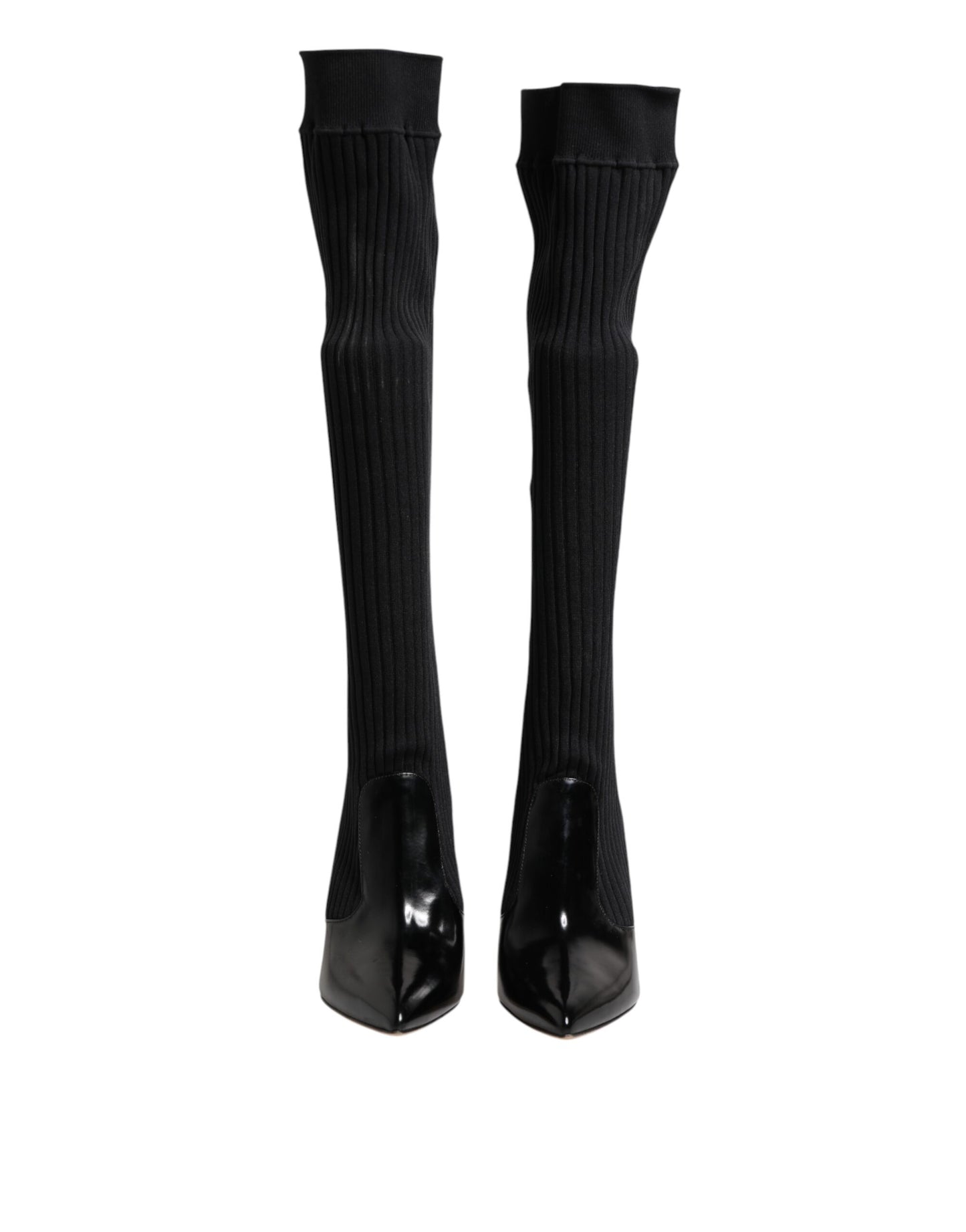 Dolce & Gabbana – Kniehohe Stiefel aus geripptem Strick in Schwarz
