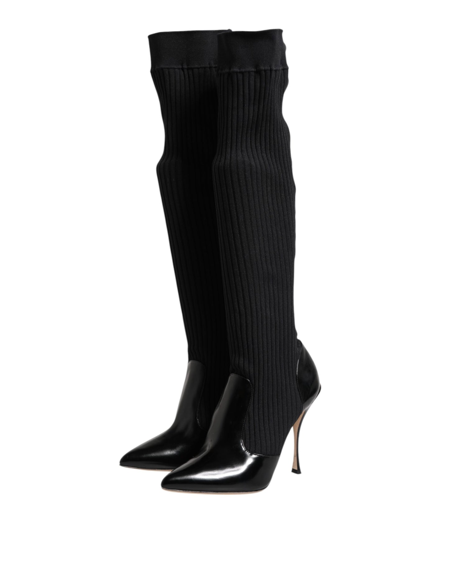 Dolce & Gabbana – Kniehohe Stiefel aus geripptem Strick in Schwarz