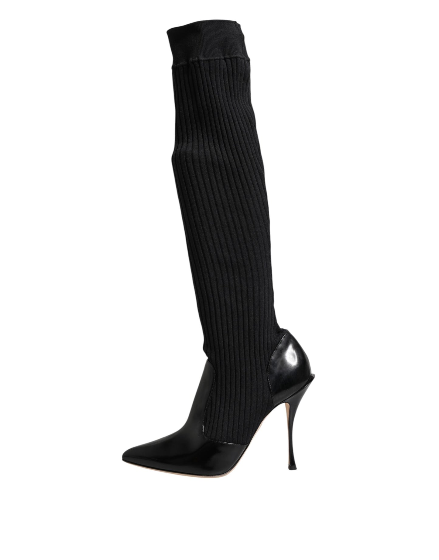 Dolce & Gabbana – Kniehohe Stiefel aus geripptem Strick in Schwarz