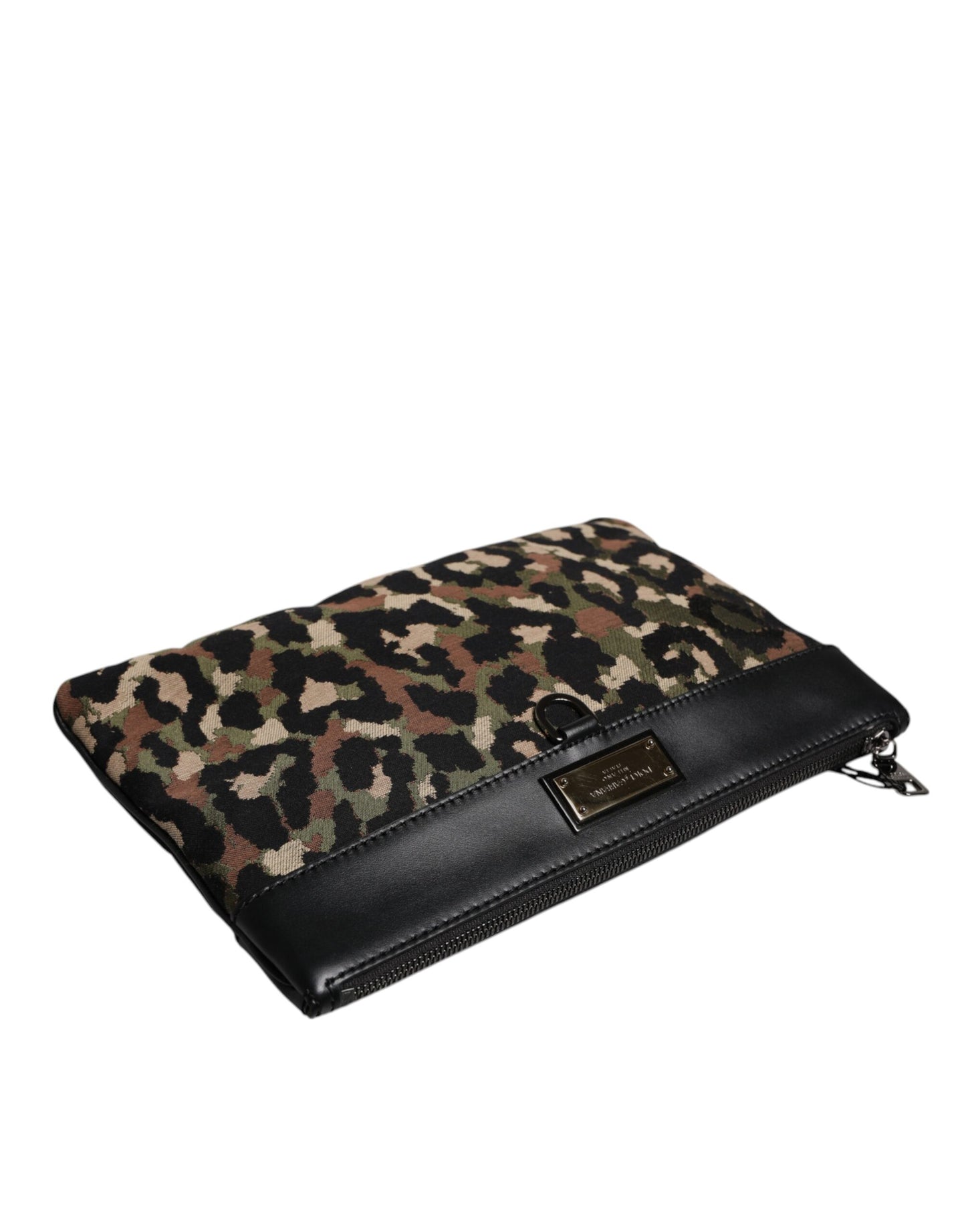 Dolce & Gabbana – Mehrfarbige Beuteltasche aus Jacquard mit Logo-Schild und Leopardenmuster
