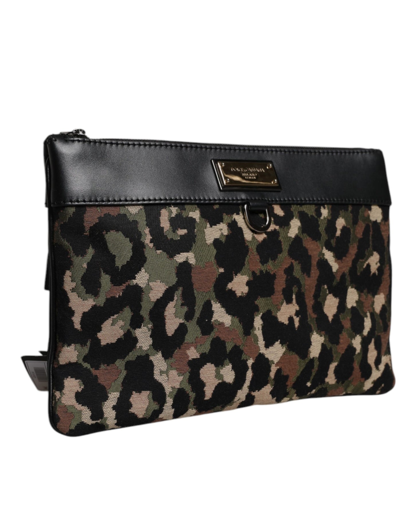 Dolce & Gabbana – Mehrfarbige Beuteltasche aus Jacquard mit Logo-Schild und Leopardenmuster