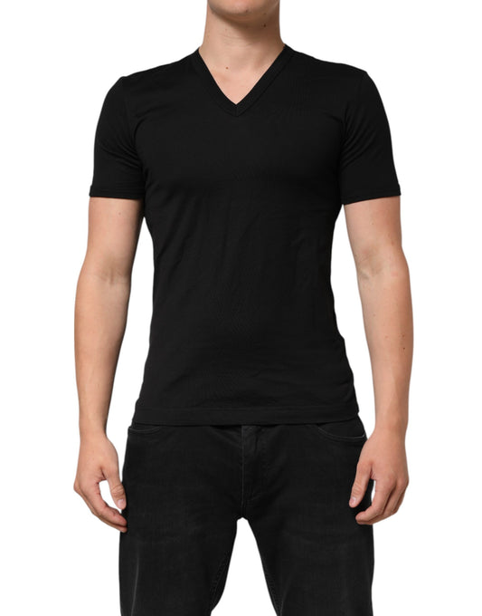 Dolce & Gabbana Herren-T-Shirt aus schwarzer Baumwolle mit V-Ausschnitt