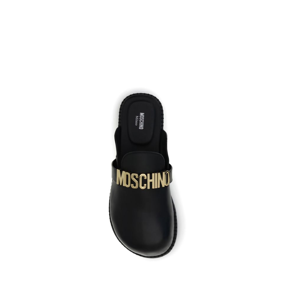 Moschino Black Calf Leather Bos Taurus Mules