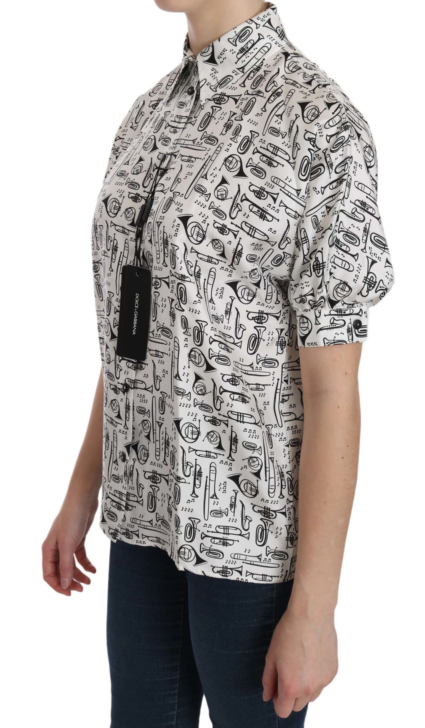 Dolce &amp; Gabbana – Weiße Bluse mit Kragen und Musikinstrumentenmotiv