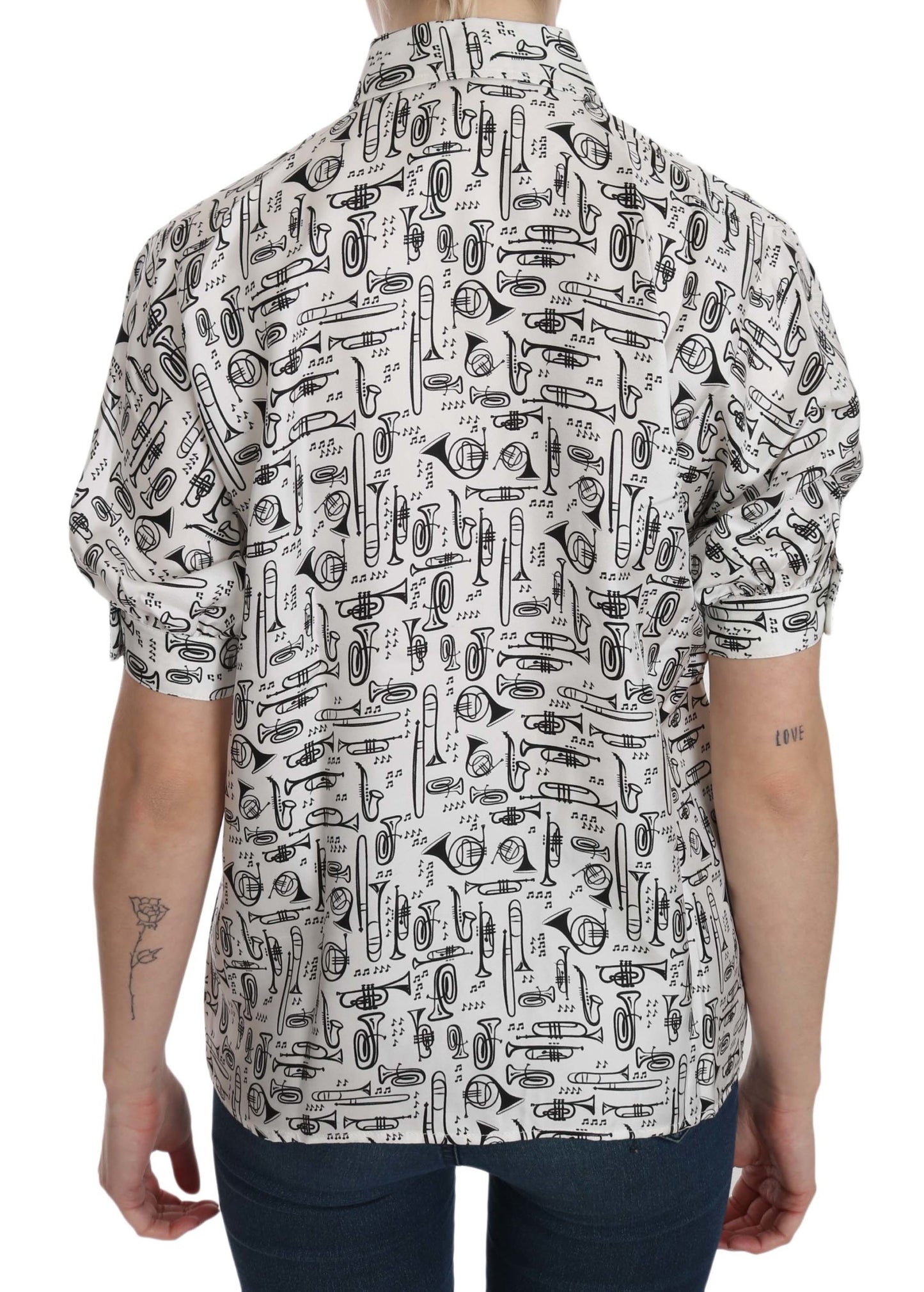 Dolce &amp; Gabbana – Weiße Bluse mit Kragen und Musikinstrumentenmotiv