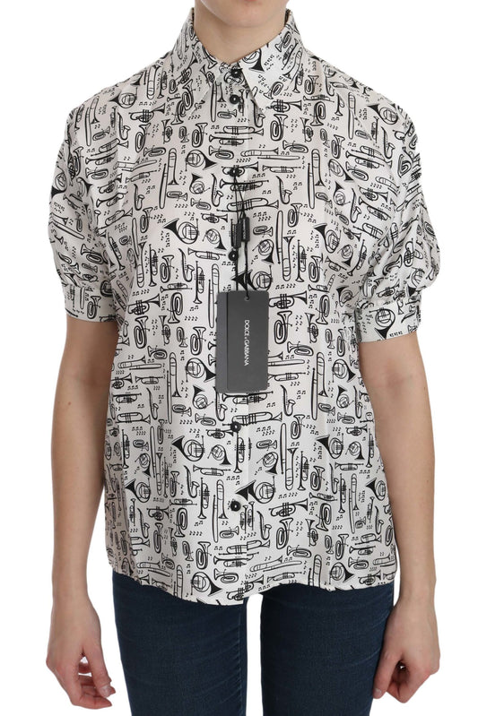 Dolce &amp; Gabbana – Weiße Bluse mit Kragen und Musikinstrumentenmotiv