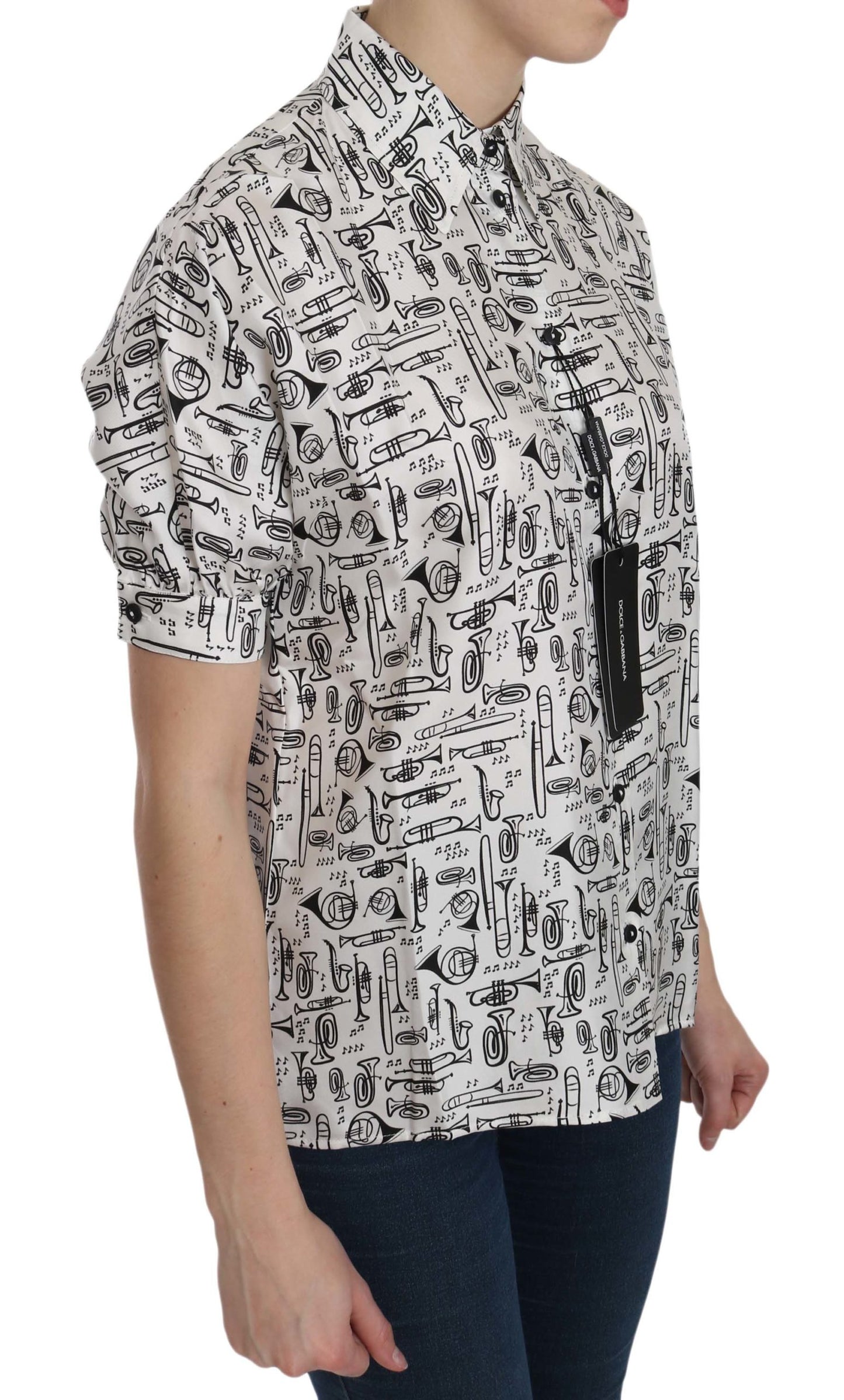 Dolce &amp; Gabbana – Weiße Bluse mit Kragen und Musikinstrumentenmotiv