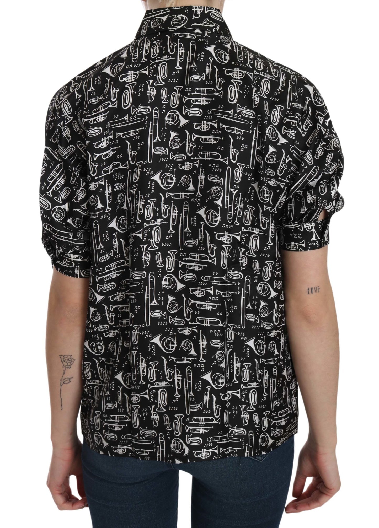 Dolce &amp; Gabbana – Schwarze Bluse mit Kragen und Musikinstrumentenmotiv