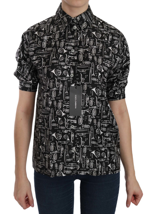 Dolce &amp; Gabbana – Schwarze Bluse mit Kragen und Musikinstrumentenmotiv
