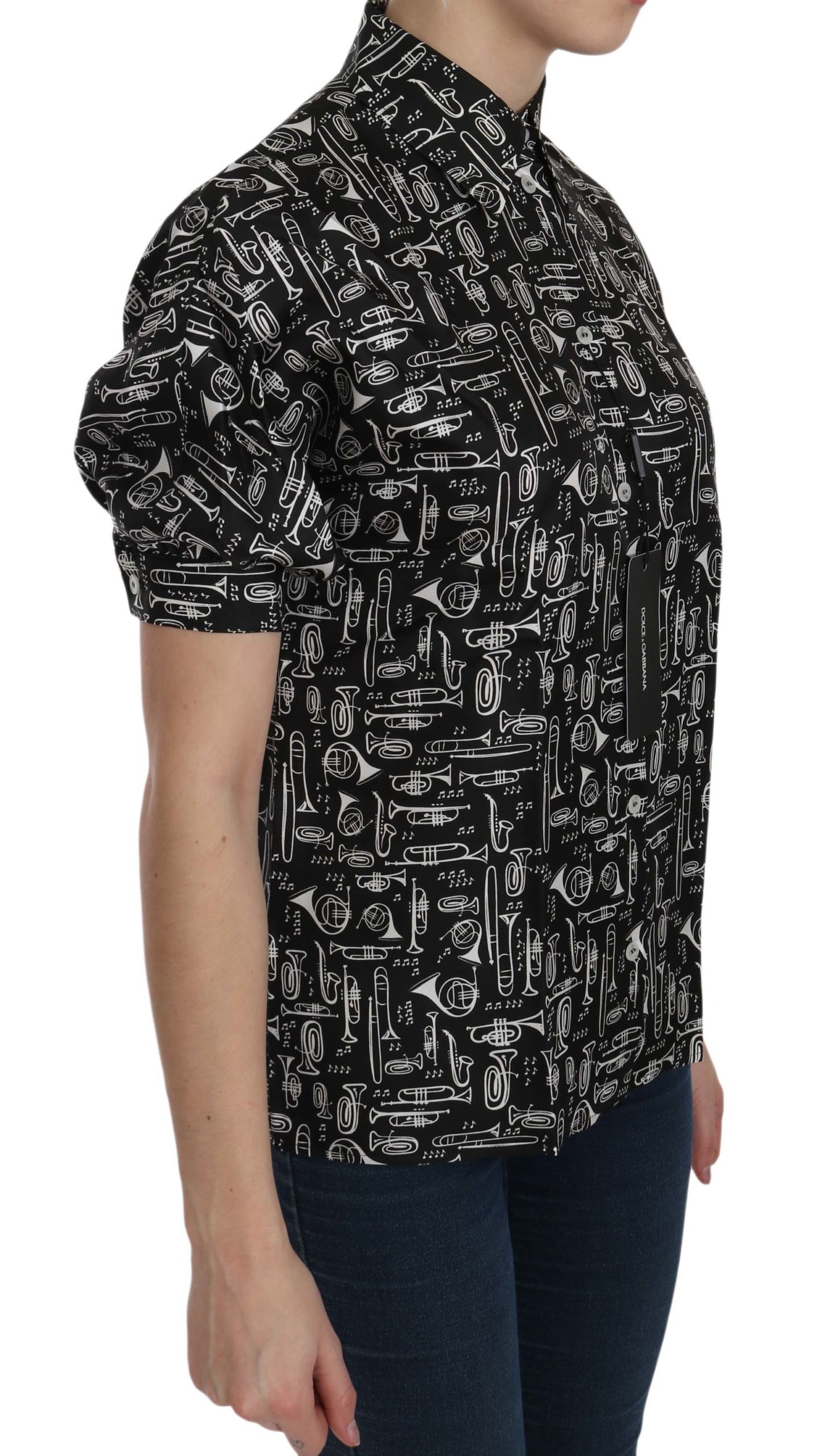 Dolce &amp; Gabbana – Schwarze Bluse mit Kragen und Musikinstrumentenmotiv