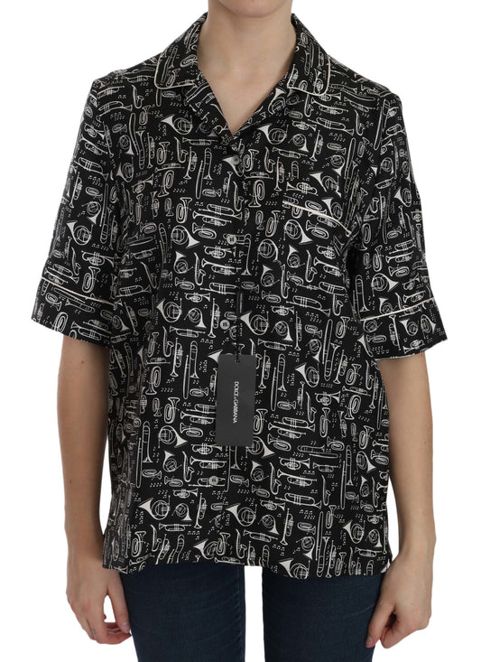 Dolce &amp; Gabbana – Schwarzes Seidentop mit Musikinstrumenten-Print