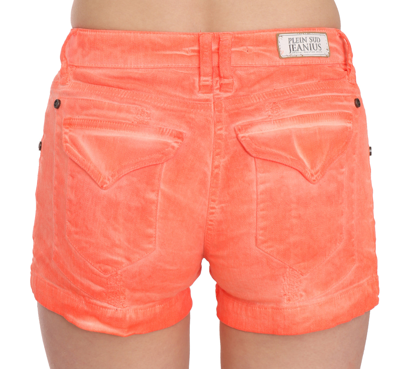 PLEIN SUD – Orangefarbene Mini-Shorts aus Baumwoll-Jeansstoff mit mittlerer Taille