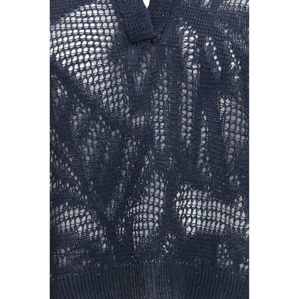 Brunello Cucinelli Blue Linen Polo Shirt